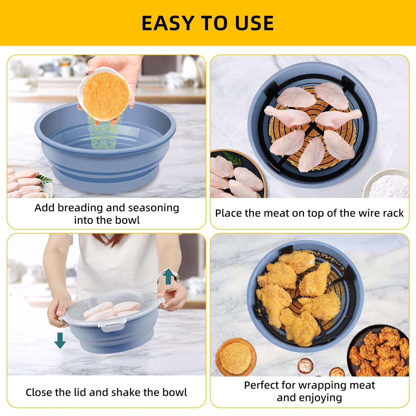 1 Pcs Collapsible Batter Bowl, Mess Free Breading Shaker, Silicone Mixing Bowls with Lids, Fry Fish Chicken Onion Rings