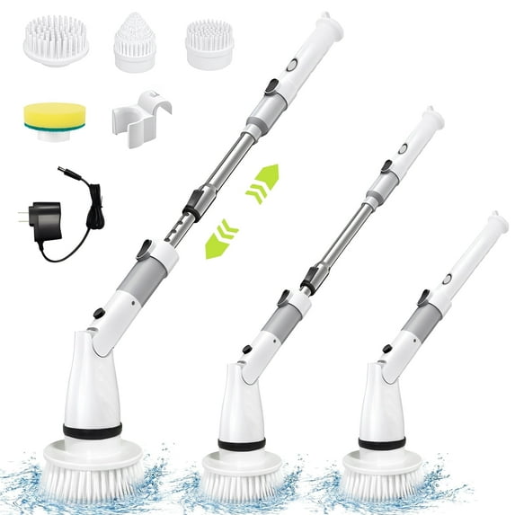 Electric Spin Scrubber, Full Body IPX7 Waterproof Cordless Shower Scrubber with Extension Handle＆Adjustable Angle,High Speed Power Scrubber with 4 Brush Heads for Bathroom, Tile, Tub, Glass & Sink