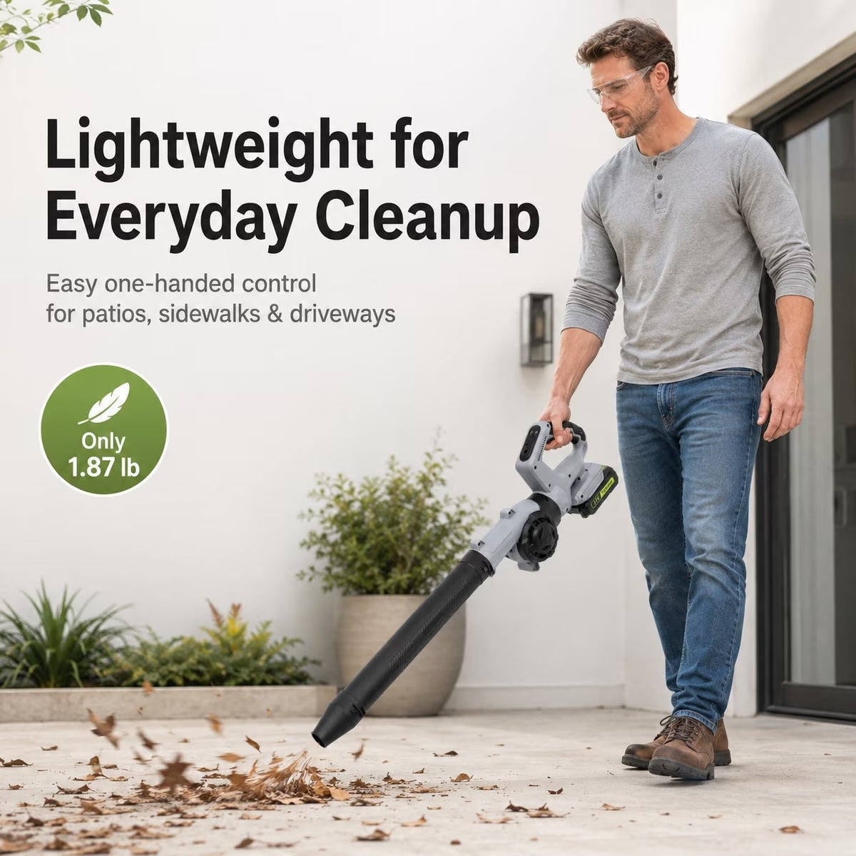 Fixdono 20V Cordless Leaf Blower, 190 CFM 160 MPH Lightweight Electric Blower with 2 Batteries, Adapter Charger, 3 Speeds and 3 Nozzles for Patio, Driveway, Garage, Yard Cleanup
