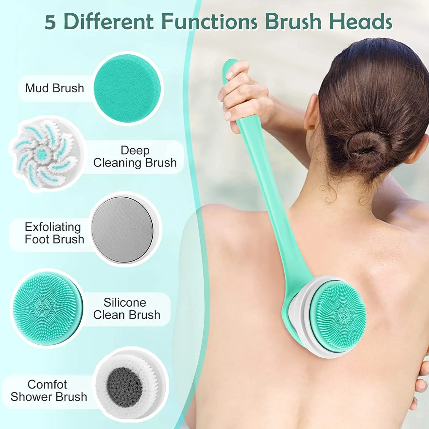 Fixdono Electric Body Bath Brush with 5 Rotating Brush Heads, Rechargeable Back Scrubber for Shower
