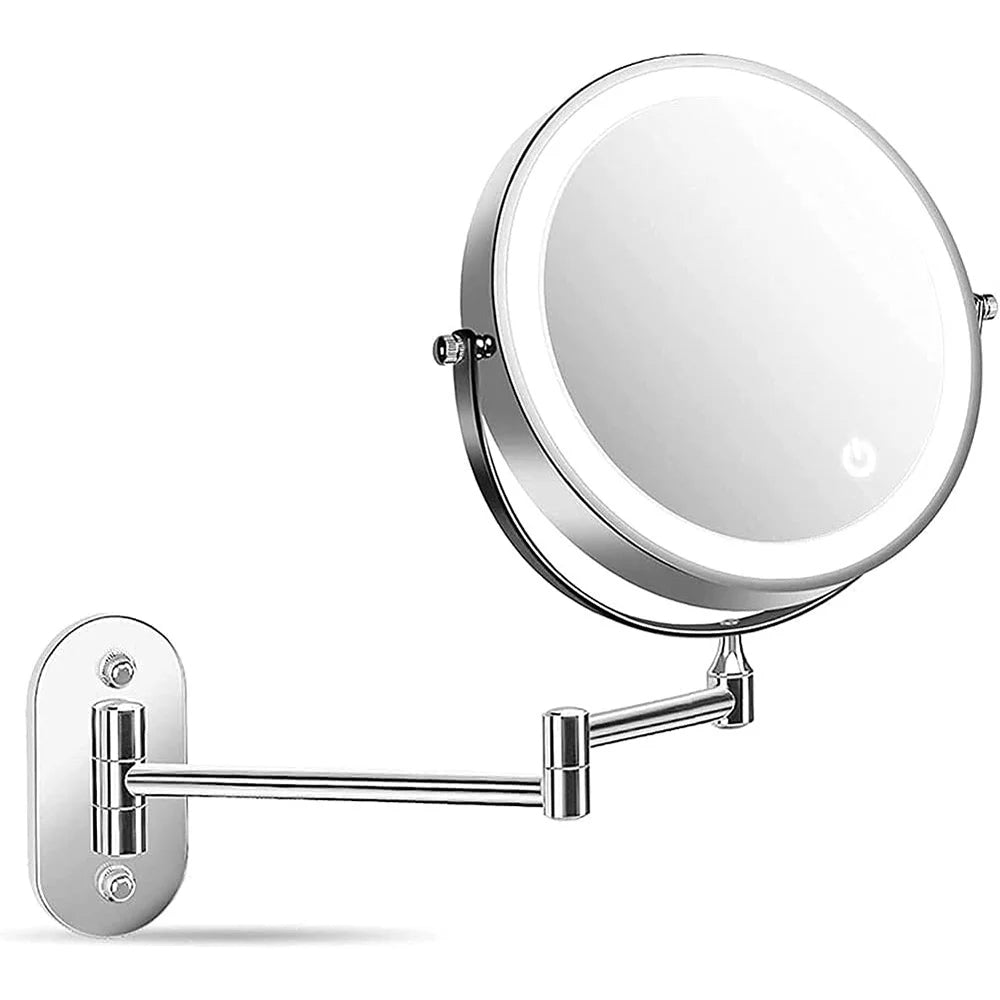Fixdono Vanity Mirror with Lights, 8" Makeup Magnifying Mirror Double-Sided 1X/10X Magnifying- 3 Color Light, Touch Dimming, 360° Swivel, Extendable, Wall Mounted- Silver