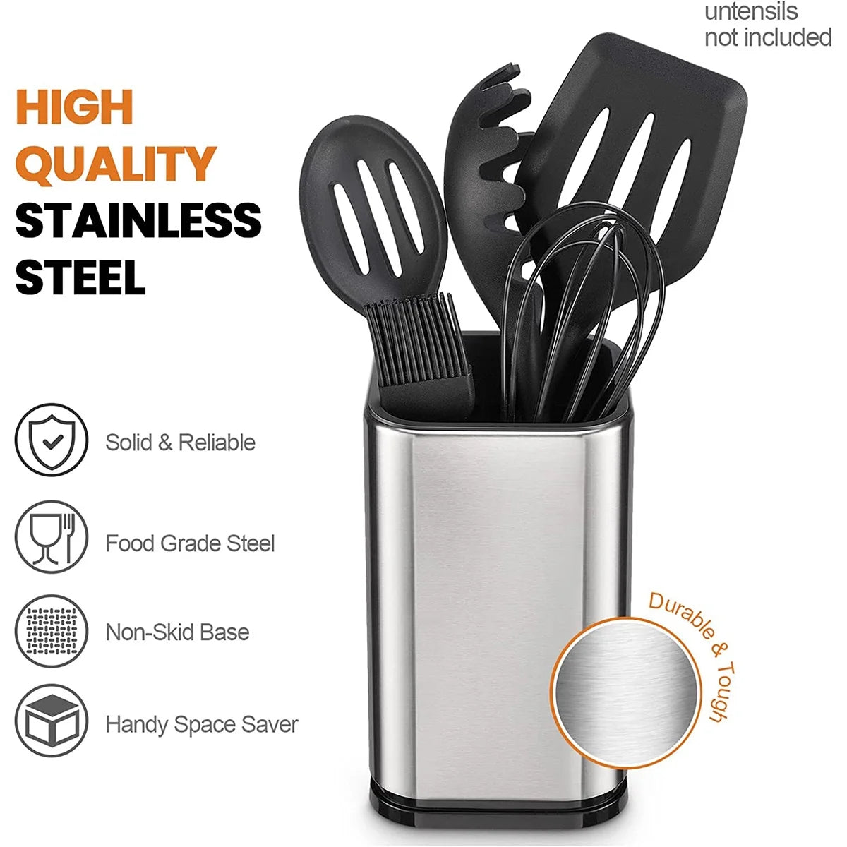 Fixdono Stainless Steel Utensil Holder, Utensil Caddy Organizer for Modern Kitchens, Weighted Base, Rust-Proof, Cooking Utensil Holder for Countertop