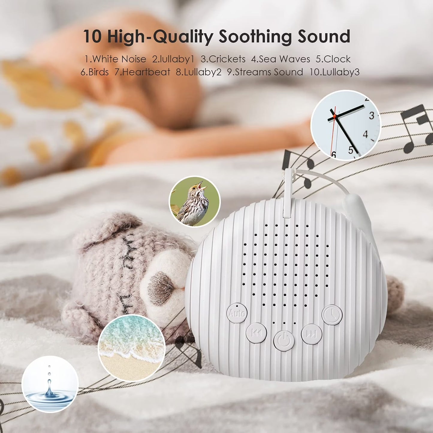Fixdono Portable White Noise Sound Machine w/ Charging Cable for Adults, Baby, White