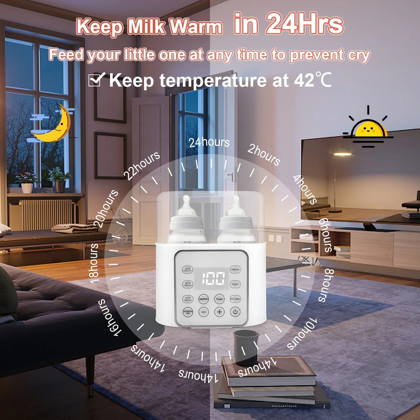 Baby Bottle Warmer, 9-in-1 Fast Milk Heating, Food Heating & Defrosting, 2 Bottle Breastmilk or Formula Warmer with Timer