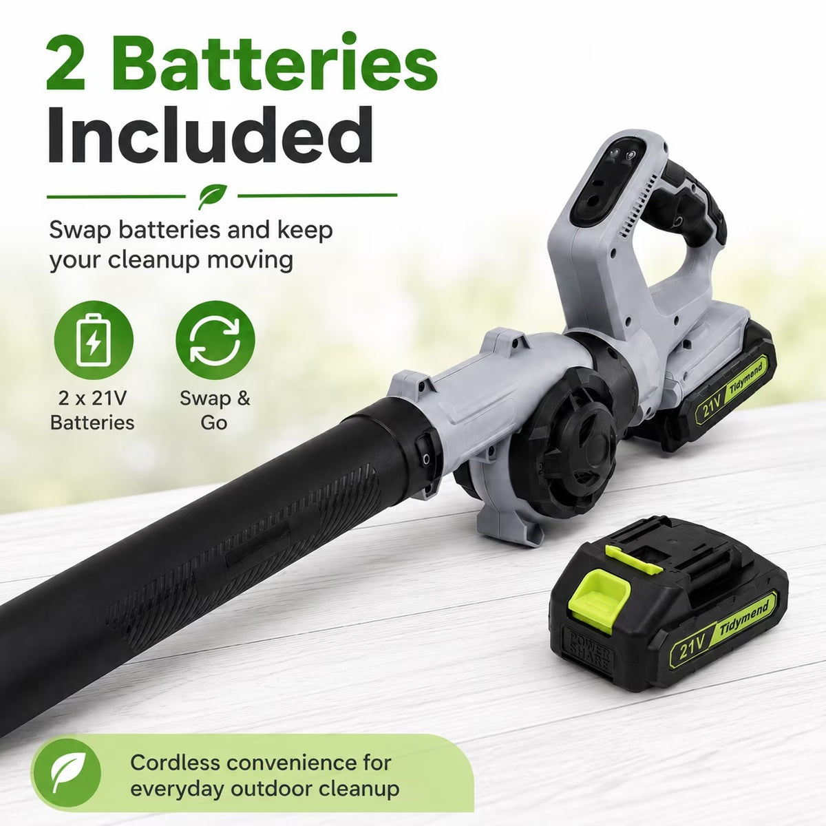 Fixdono 20V Cordless Leaf Blower, 190 CFM 160 MPH Lightweight Electric Blower with 2 Batteries, Adapter Charger, 3 Speeds and 3 Nozzles for Patio, Driveway, Garage, Yard Cleanup