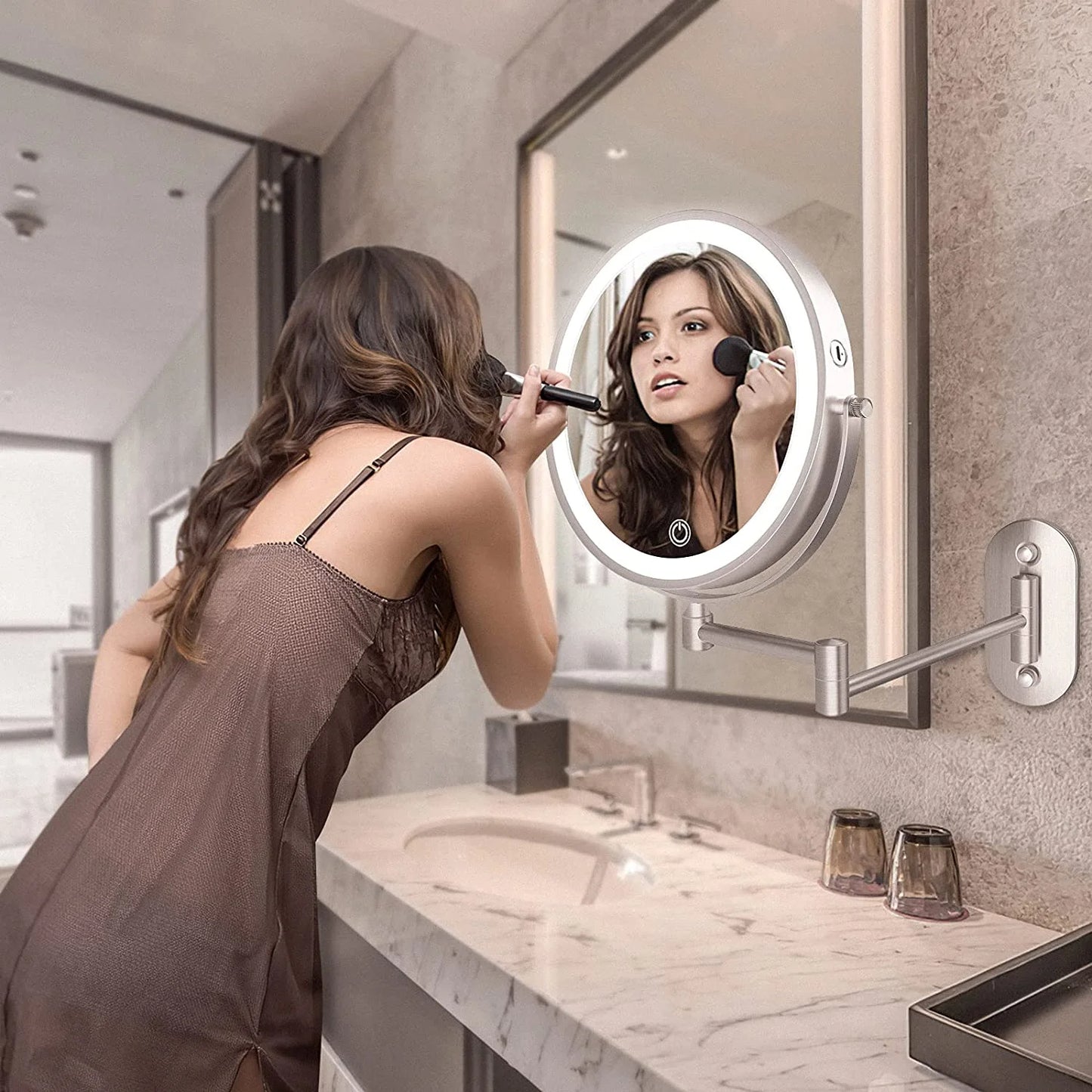Fixdono Vanity Mirror with Lights, 8" Makeup Magnifying Mirror Double-Sided 1X/10X Magnifying- 3 Color Light, Touch Dimming, 360° Swivel, Extendable, Wall Mounted- Silver