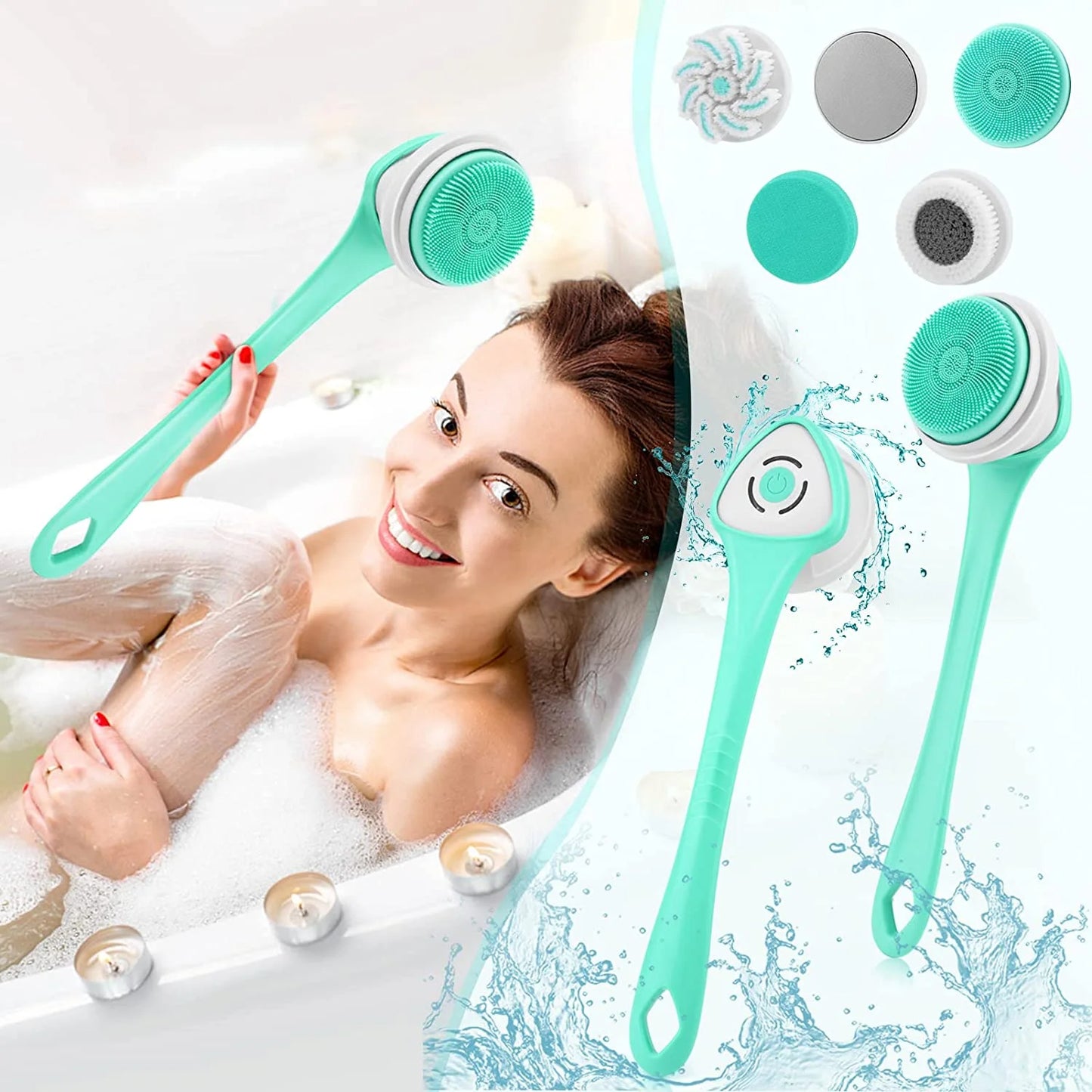 Fixdono Electric Body Bath Brush with 5 Rotating Brush Heads, Rechargeable Back Scrubber for Shower