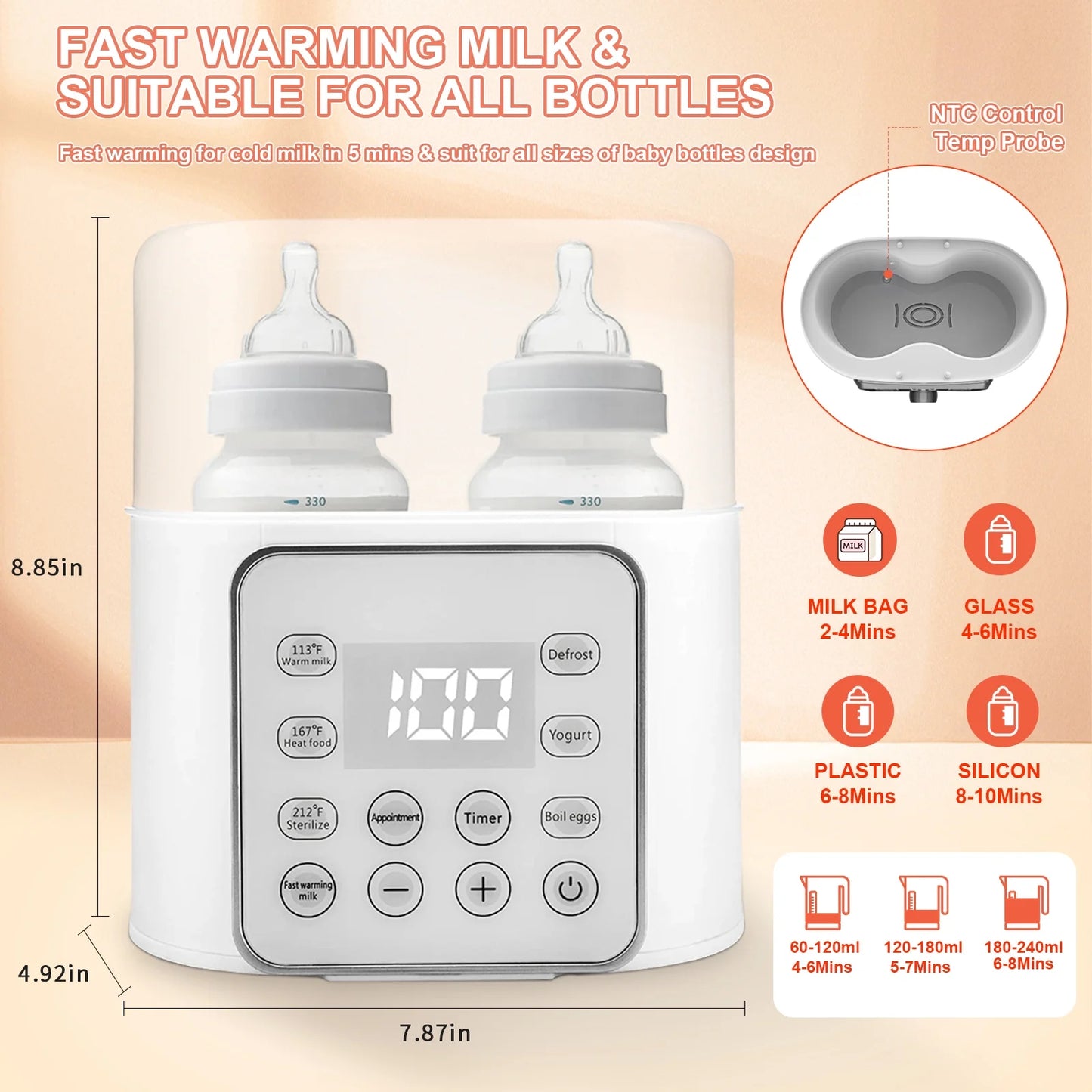 Baby Bottle Warmer, 9-in-1 Fast Milk Heating, Food Heating & Defrosting, 2 Bottle Breastmilk or Formula Warmer with Timer