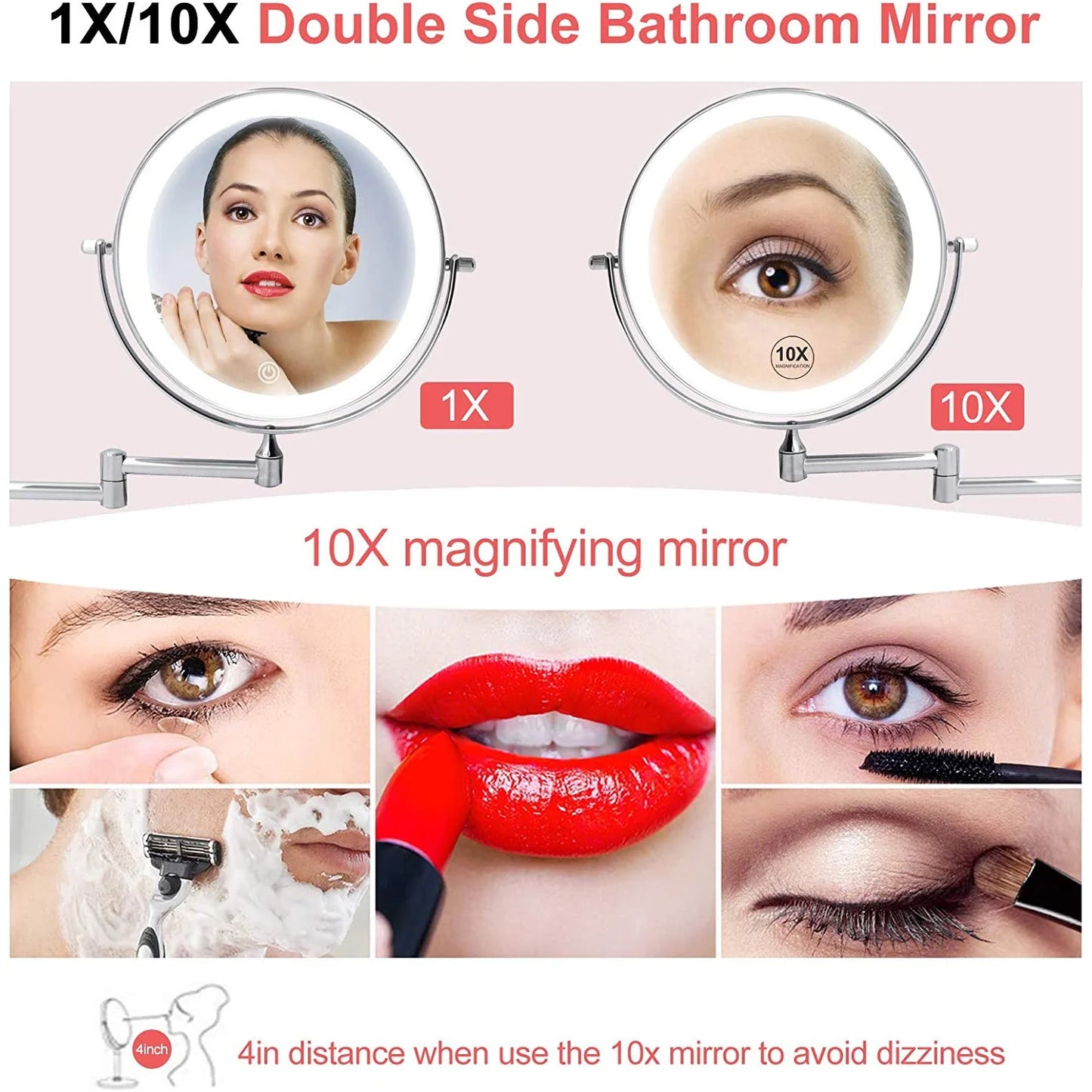 Fixdono Vanity Mirror with Lights, 8" Makeup Magnifying Mirror Double-Sided 1X/10X Magnifying- 3 Color Light, Touch Dimming, 360° Swivel, Extendable, Wall Mounted- Silver