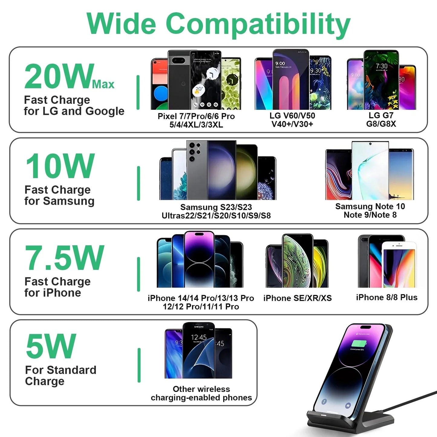 Fast Wireless Charger Stand, 20W Max Phone Charging Station for iPhone 14/13/12/11/Se/Xs/Xr/X/8, Samsung Galaxy S23/S22/S21/S20/S10/S9/S8/Note 20/10/9/8