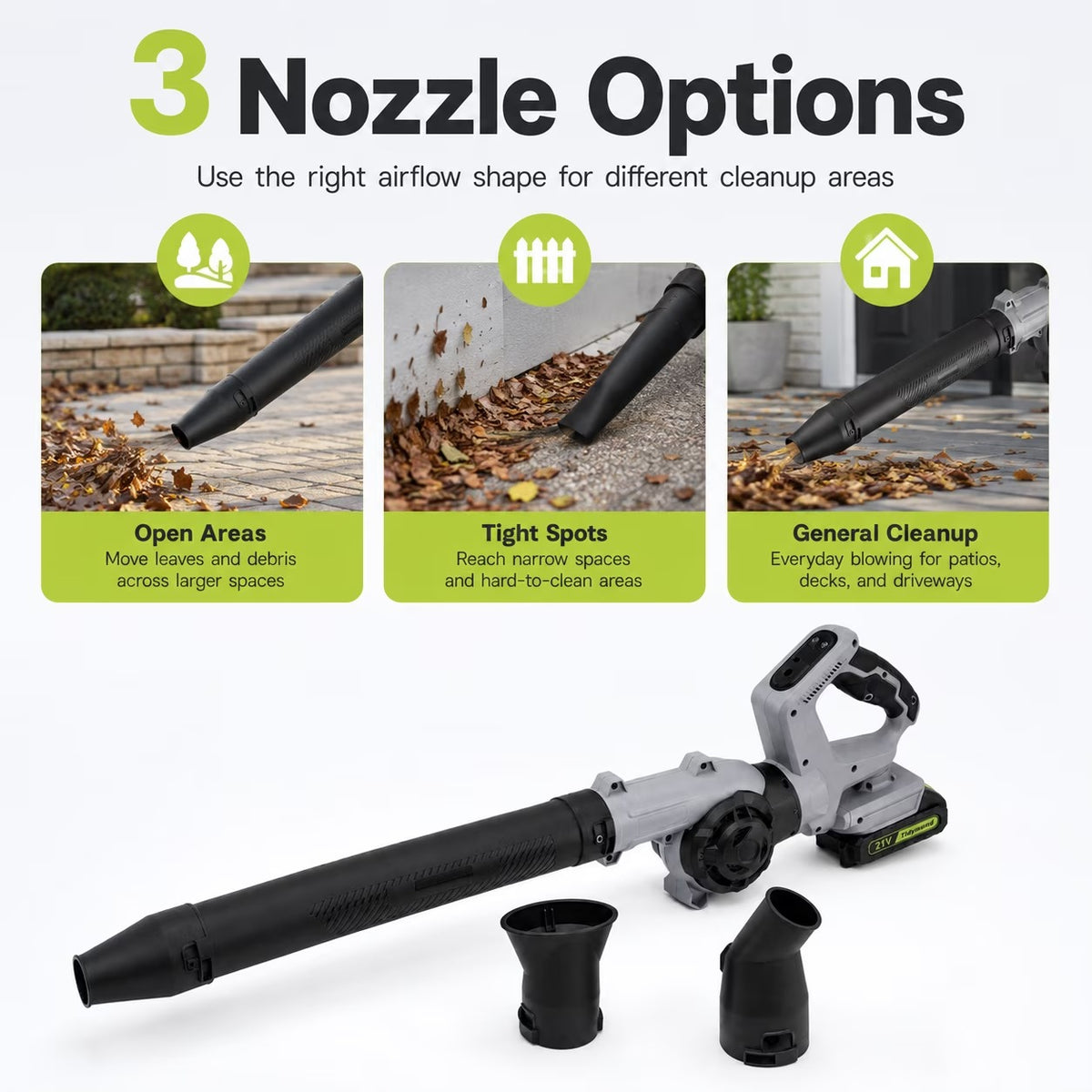 Fixdono 20V Cordless Leaf Blower, 190 CFM 160 MPH Lightweight Electric Blower with 2 Batteries, Adapter Charger, 3 Speeds and 3 Nozzles for Patio, Driveway, Garage, Yard Cleanup