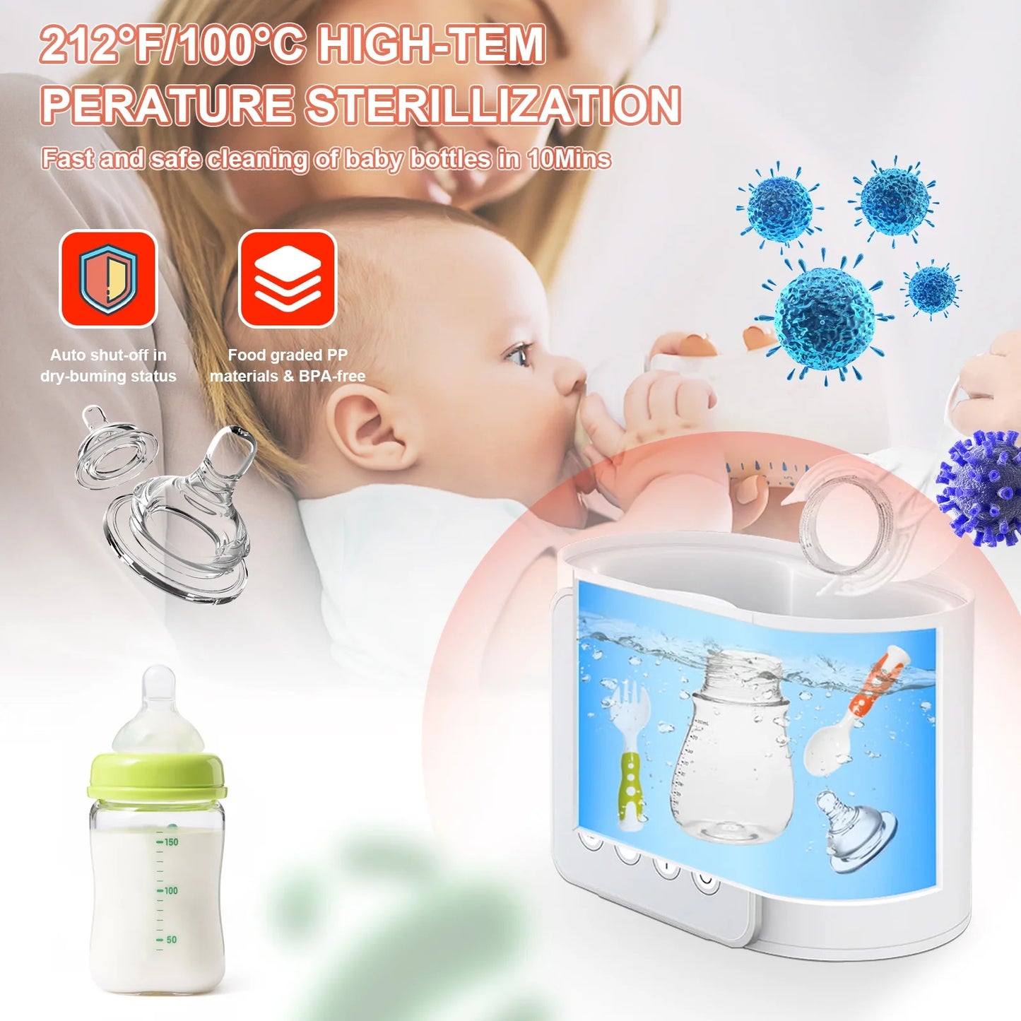 Baby Bottle Warmer, 9-in-1 Fast Milk Heating, Food Heating & Defrosting, 2 Bottle Breastmilk or Formula Warmer with Timer
