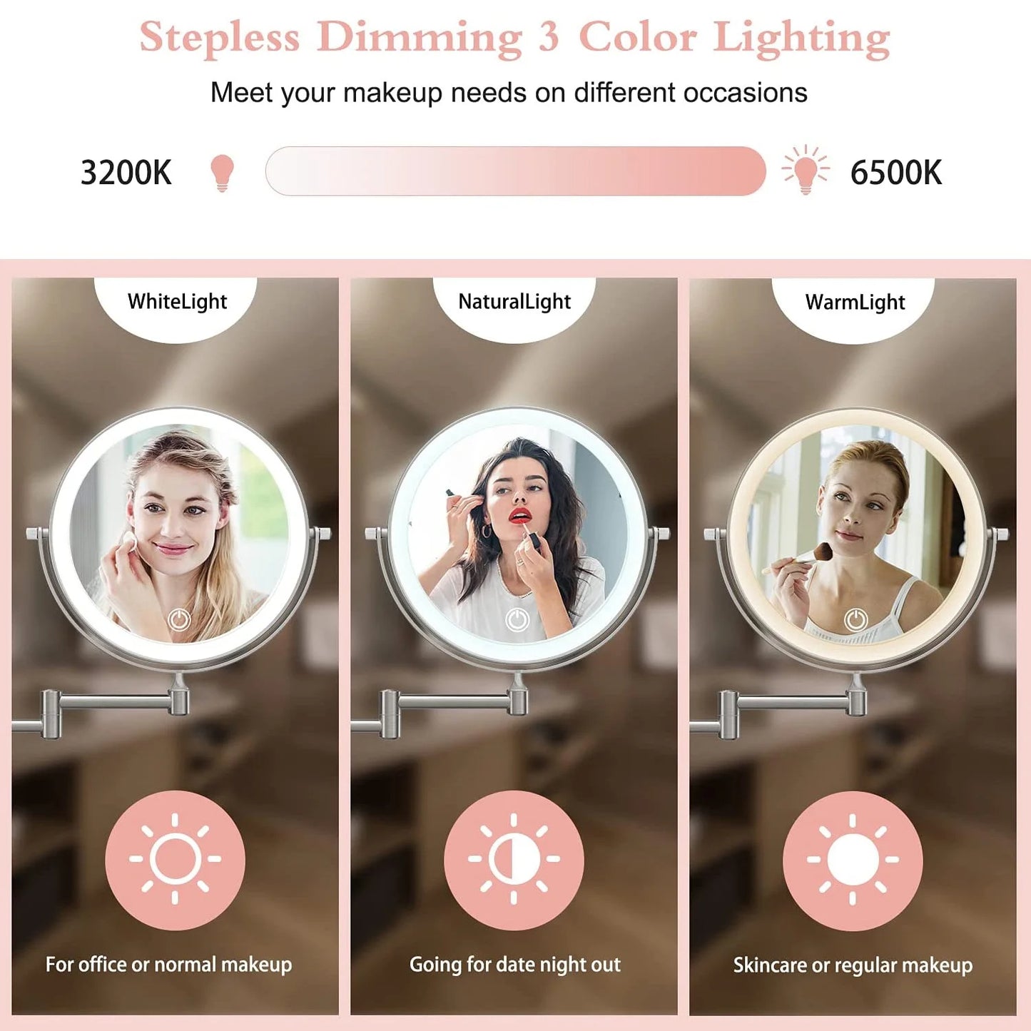Fixdono Vanity Mirror with Lights, 8" Makeup Magnifying Mirror Double-Sided 1X/10X Magnifying- 3 Color Light, Touch Dimming, 360° Swivel, Extendable, Wall Mounted- Silver