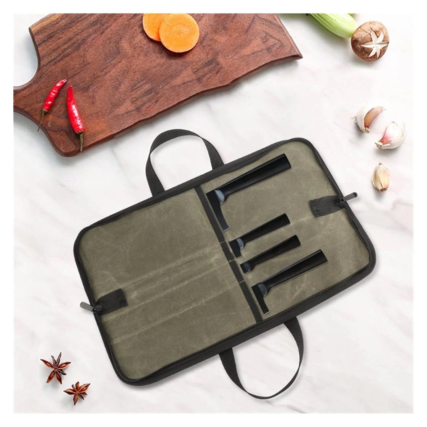Fixdono Chef Knife Roll Bag Waterproof Foldable Canvas Culinary Storage Tool, 4 Slot Knife Roll Bag for Chef