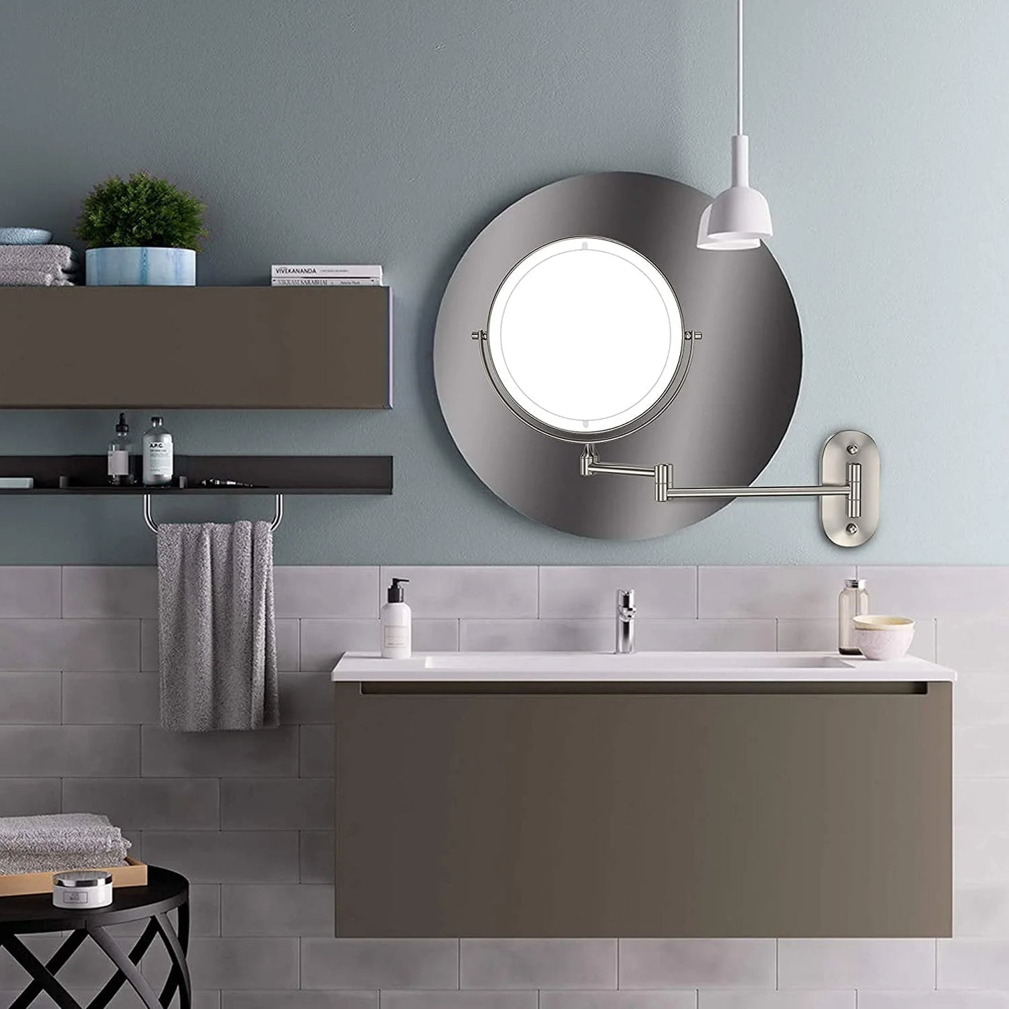 Fixdono Vanity Mirror with Lights, 8" Makeup Magnifying Mirror Double-Sided 1X/10X Magnifying- 3 Color Light, Touch Dimming, 360° Swivel, Extendable, Wall Mounted- Silver