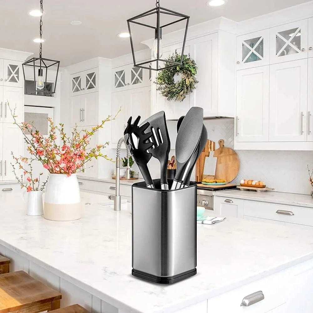 Fixdono Stainless Steel Utensil Holder, Utensil Caddy Organizer for Modern Kitchens, Weighted Base, Rust-Proof, Cooking Utensil Holder for Countertop