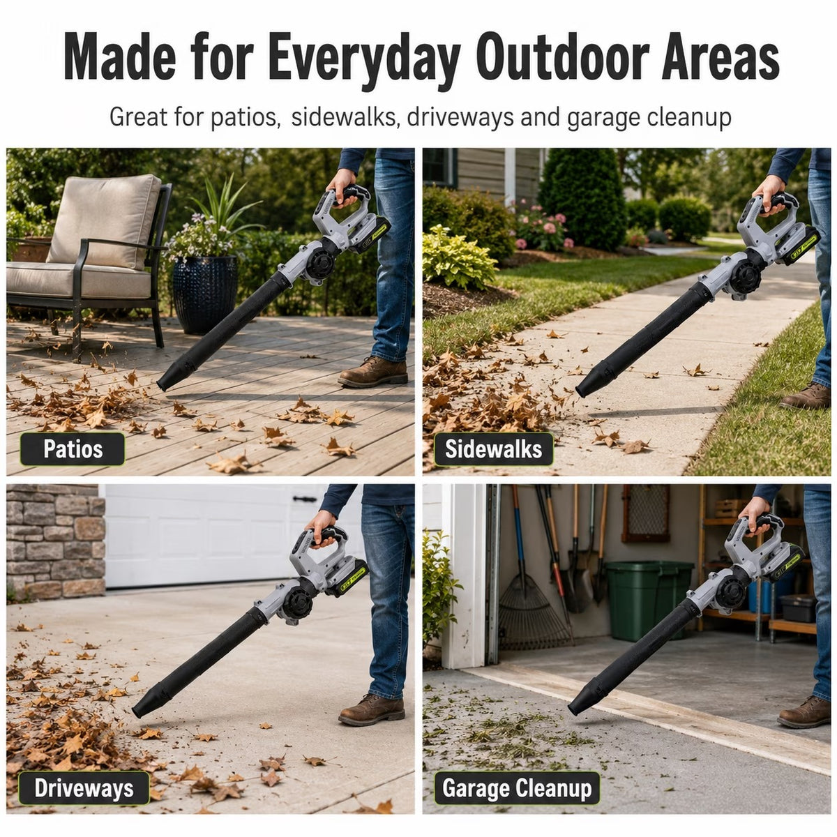 Fixdono 20V Cordless Leaf Blower, 190 CFM 160 MPH Lightweight Electric Blower with 2 Batteries, Adapter Charger, 3 Speeds and 3 Nozzles for Patio, Driveway, Garage, Yard Cleanup
