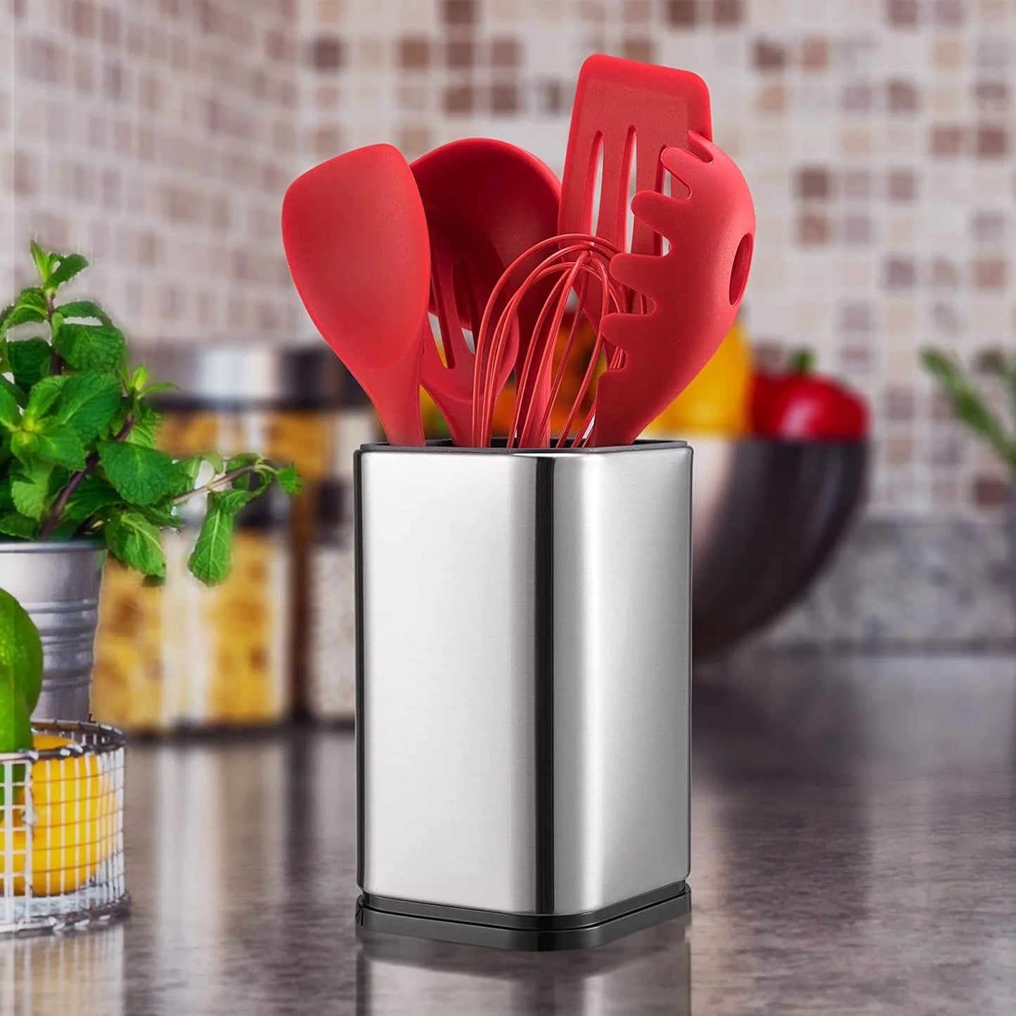 Fixdono Stainless Steel Utensil Holder, Utensil Caddy Organizer for Modern Kitchens, Weighted Base, Rust-Proof, Cooking Utensil Holder for Countertop