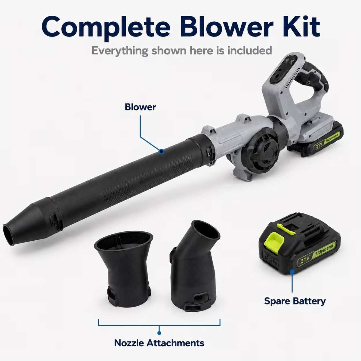 Fixdono 20V Cordless Leaf Blower, 190 CFM 160 MPH Lightweight Electric Blower with 2 Batteries, Adapter Charger, 3 Speeds and 3 Nozzles for Patio, Driveway, Garage, Yard Cleanup