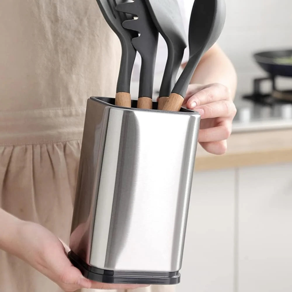 Fixdono Stainless Steel Utensil Holder, Utensil Caddy Organizer for Modern Kitchens, Weighted Base, Rust-Proof, Cooking Utensil Holder for Countertop