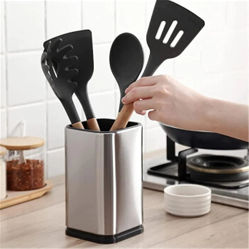 Fixdono Stainless Steel Utensil Holder, Utensil Caddy Organizer for Modern Kitchens, Weighted Base, Rust-Proof, Cooking Utensil Holder for Countertop