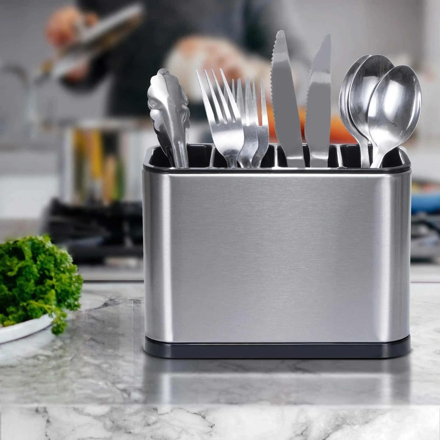 Fixdono Utensil Holder, Stainless Steel Kitchen Spoon Spatula Organizer, Modern Large Cooking Utensil Caddy Counter, Utensil Crock Silver