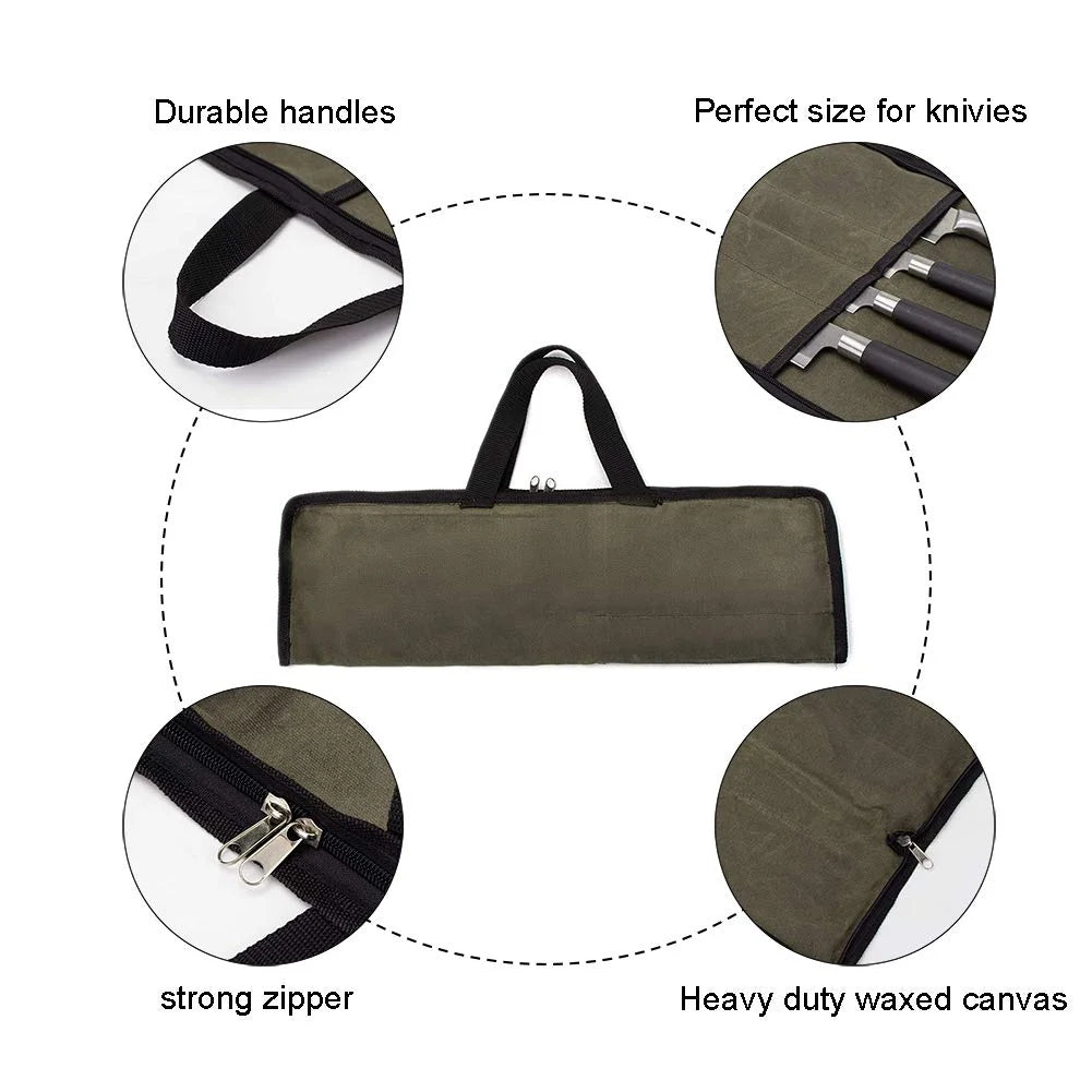 Fixdono Chef Knife Roll Bag Waterproof Foldable Canvas Culinary Storage Tool, 4 Slot Knife Roll Bag for Chef