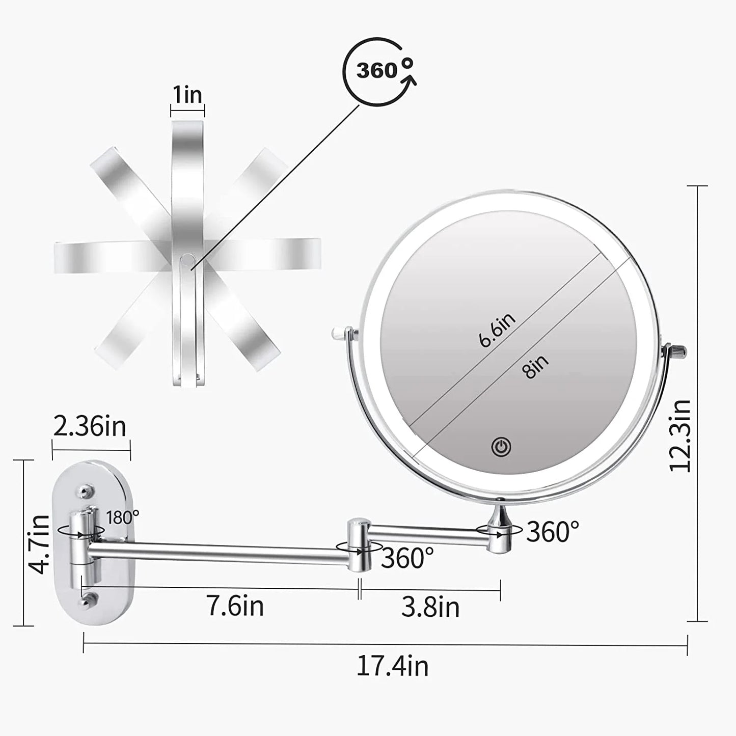Fixdono Vanity Mirror with Lights, 8" Makeup Magnifying Mirror Double-Sided 1X/10X Magnifying- 3 Color Light, Touch Dimming, 360° Swivel, Extendable, Wall Mounted- Silver