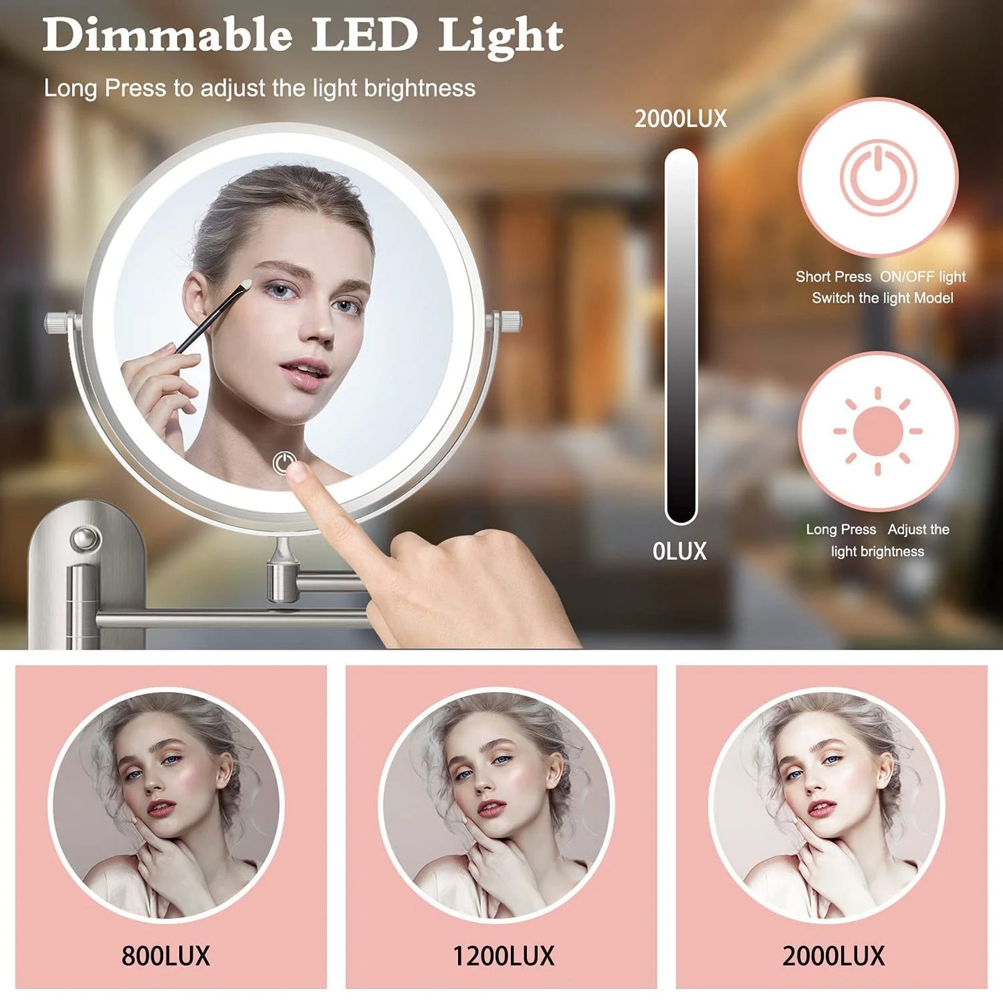 Fixdono Vanity Mirror with Lights, 8" Makeup Magnifying Mirror Double-Sided 1X/10X Magnifying- 3 Color Light, Touch Dimming, 360° Swivel, Extendable, Wall Mounted- Silver