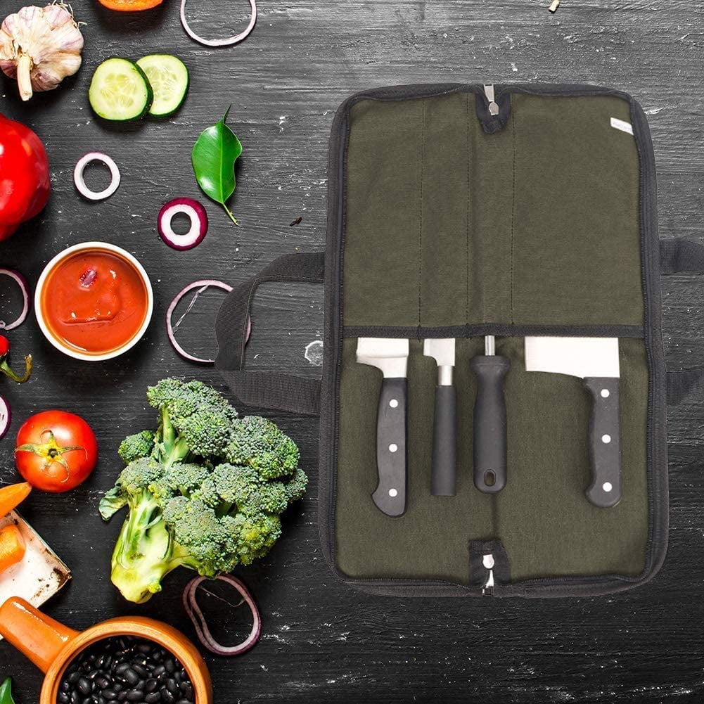 Fixdono Chef Knife Roll Bag Waterproof Foldable Canvas Culinary Storage Tool, 4 Slot Knife Roll Bag for Chef