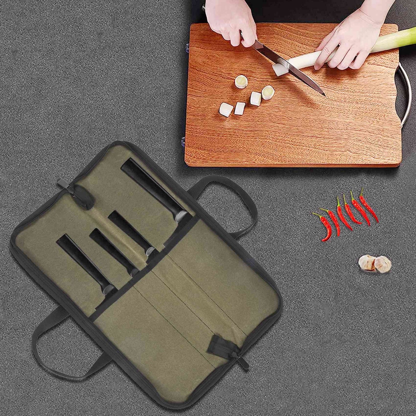 Fixdono Chef Knife Roll Bag Waterproof Foldable Canvas Culinary Storage Tool, 4 Slot Knife Roll Bag for Chef