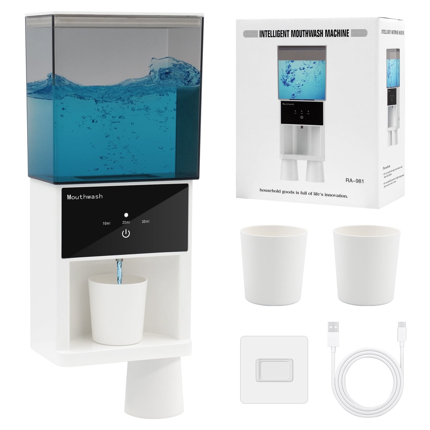Sentryse 20oz Automatic Mouthwash Dispenser, 3 Dispensing Levels, Electric Mouth Wash Dispensers for Bathroom, Smart Mouthwash Dispenser with 2 Magnetic Cups, Wall-Mounted＆Countertop