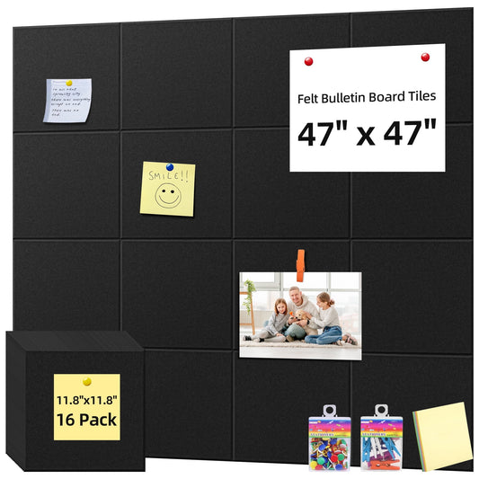 Fixdono Felt Tile Bulletin Board, 16 Pack Felt Wall Tiles with 100 Push Pins,10 Push Pin Clips, Sticky Notes, Large Alternative Cork Board for Walls Home Office, 47 X 47 inches