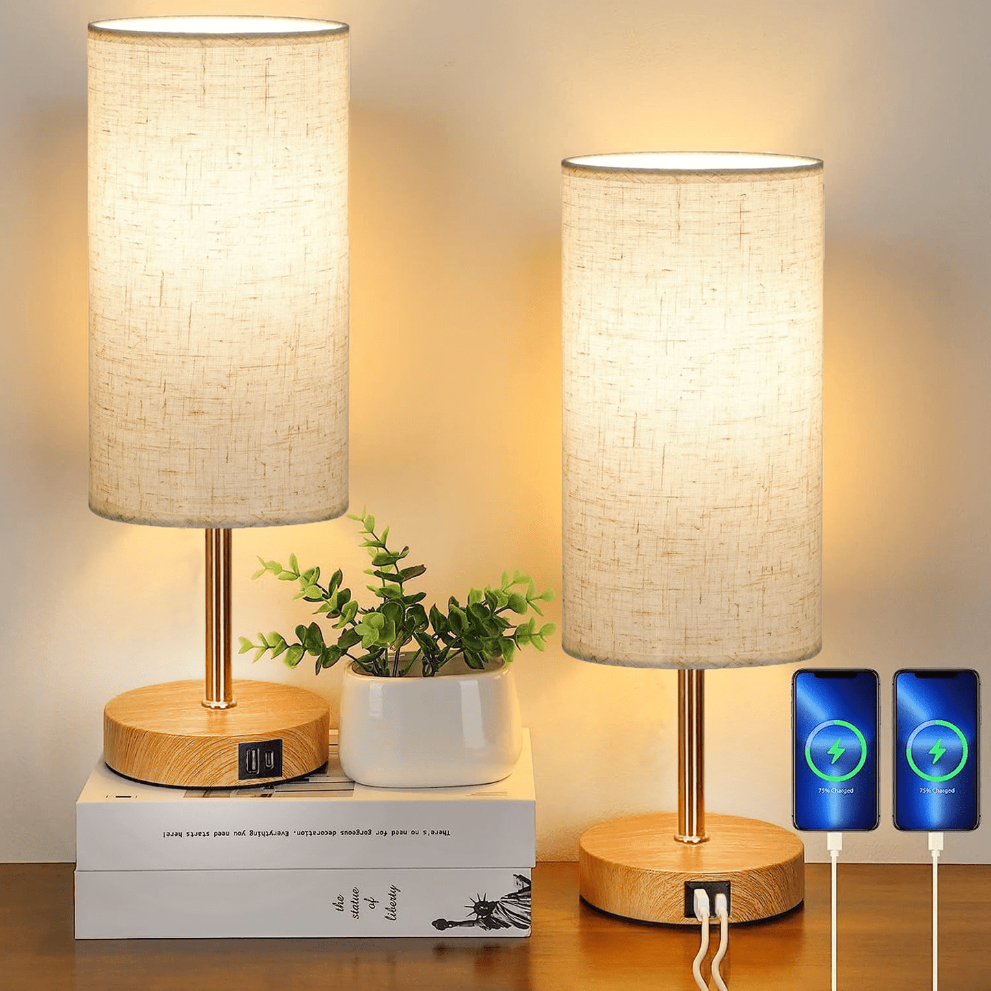 2-Piece Set Touch Table Lamp with USB Charging Station, 3 Way Dimmable Bedside Table Lamp, Wood Base, Round Linen Shade Desk Lamp for Bedroom Nightstand, Dorm, Living Room, Office (110-120V AC)