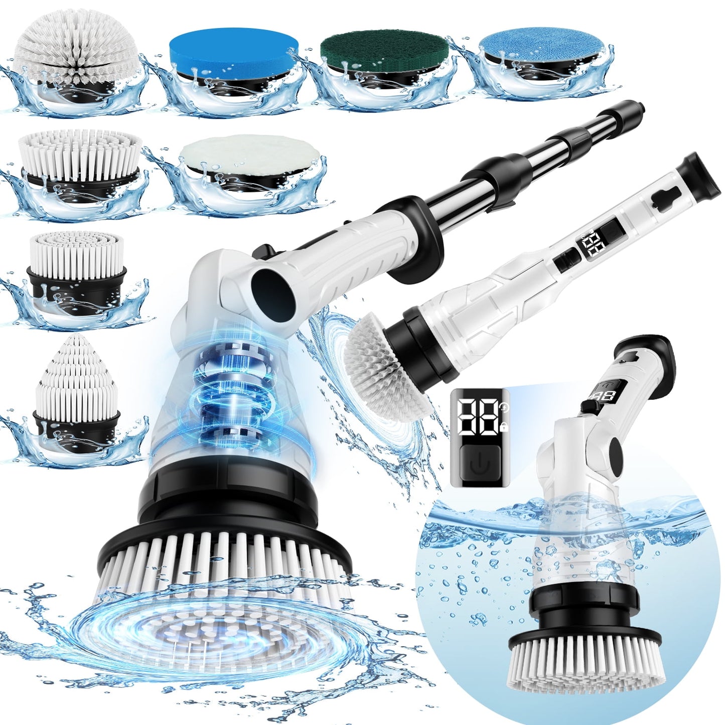 Electric Spin Scrubber, Adjustable Angle ＆ Extension Handle, 3 Speed Mode Power Electric Scrubber for Cleaning, Cordless Shower Cleaning Brush with 8 Brush Heads for Bathroom/Tub/Floor/Tile