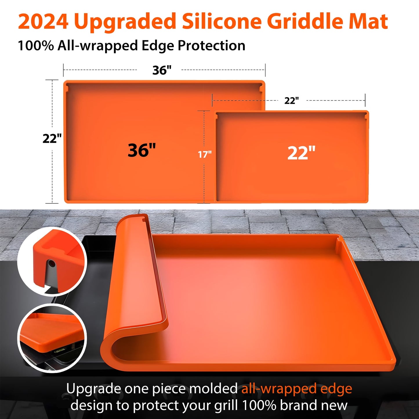 Fixdono 22" Silicone Griddle Mat for Blackstone, Full-Edge Protective, Food-Grade Silicone Griddle Cover, Blackstone Griddle Accessories, Orange