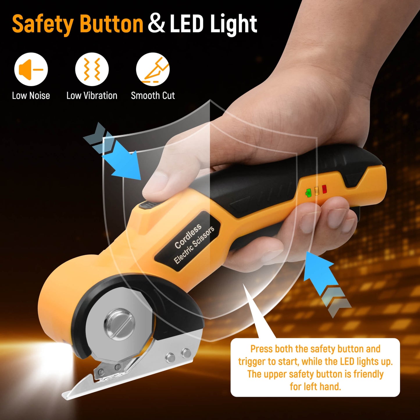 Tidymend Cordless Electric Scissors, 4V Rechargeable Cardboard Cutter with LED Light ＆ Replacement Blade, Rotary Cutter with Safety Lock for Fabric Carpet Leather Plastic Cutting (Yellow)