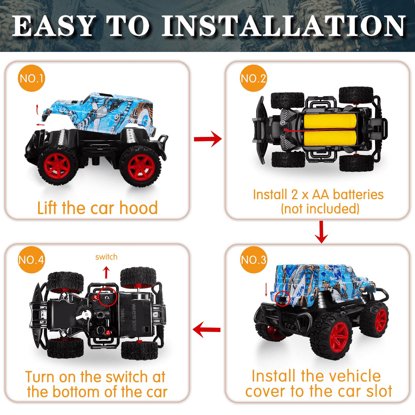 Remote Control Car Toys, RC Cars for Kids, 4 Channel Remote Control Car, RC Cars Monster Trucks Christmas Teen Gifts for 3-7 Year Old , Toddler Age 2-6