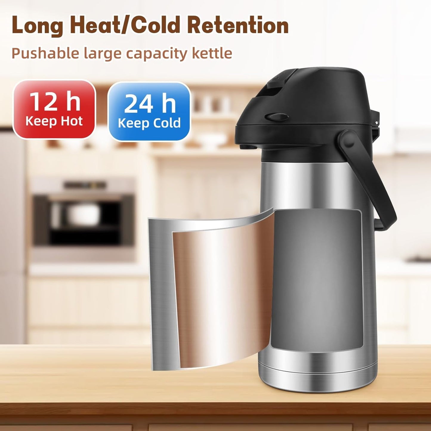 Tidymend 65oz Thermal Airpot Carafe with Pump, Stainless Steel Vacuum Insulated Coffee Dispenser for Hot and Cold Beverage (Silver）