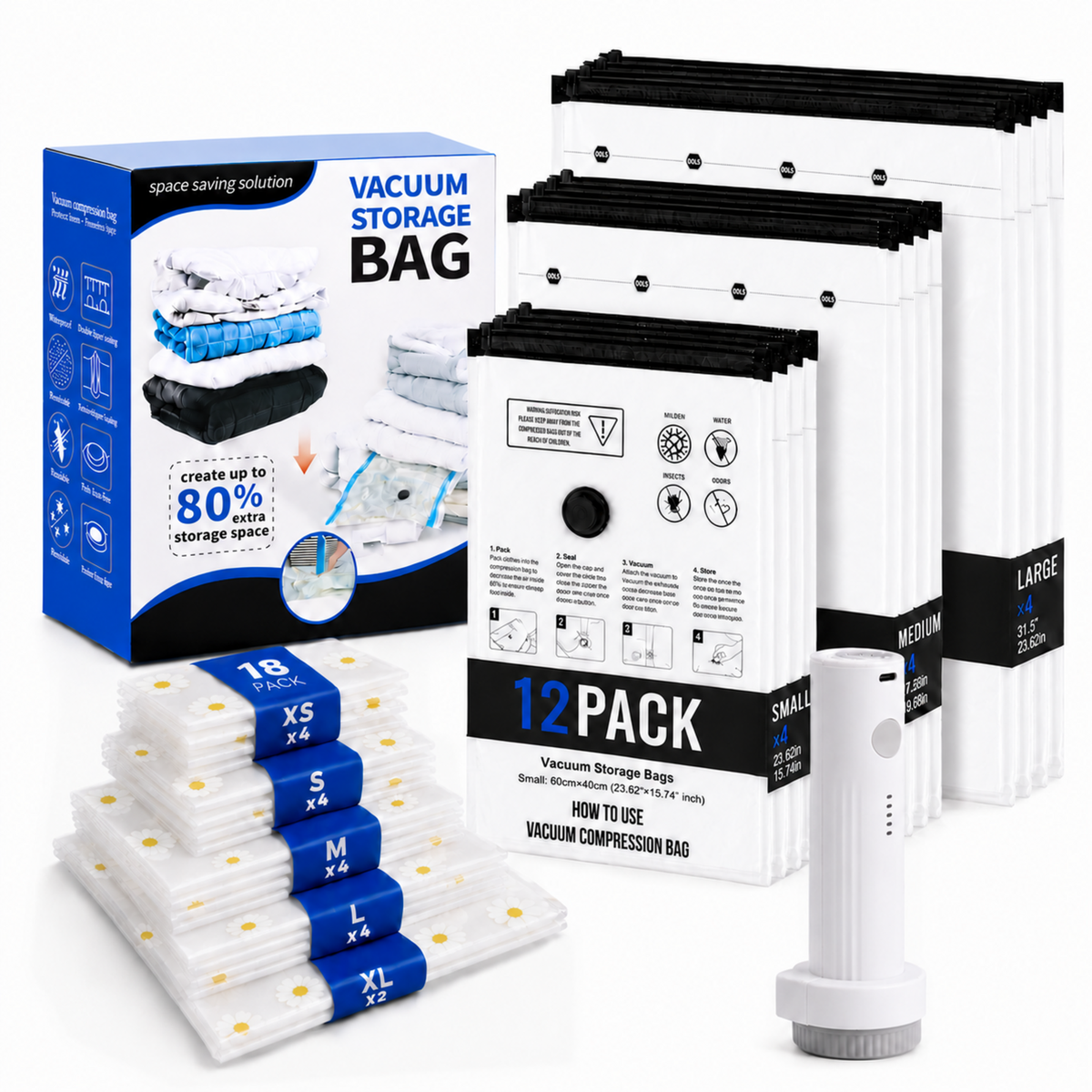 Fixdono Vacuum Storage Bags for Travel with a Cordless Rechargeable Pump, Space-Saving 30-Bag Set for Clothing Storage in Luggage and Closets