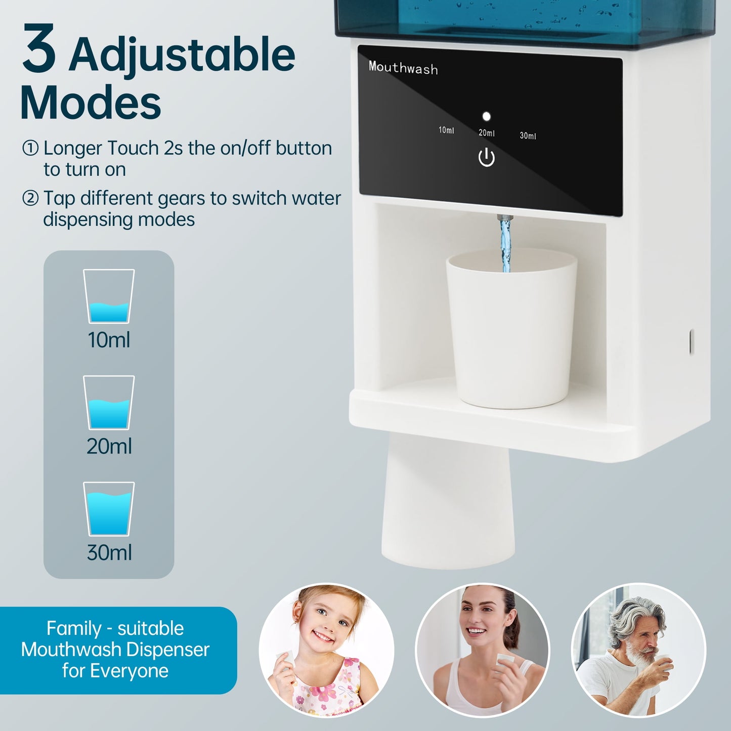 Sentryse 20oz Automatic Mouthwash Dispenser, 3 Dispensing Levels, Electric Mouth Wash Dispensers for Bathroom, Smart Mouthwash Dispenser with 2 Magnetic Cups, Wall-Mounted＆Countertop