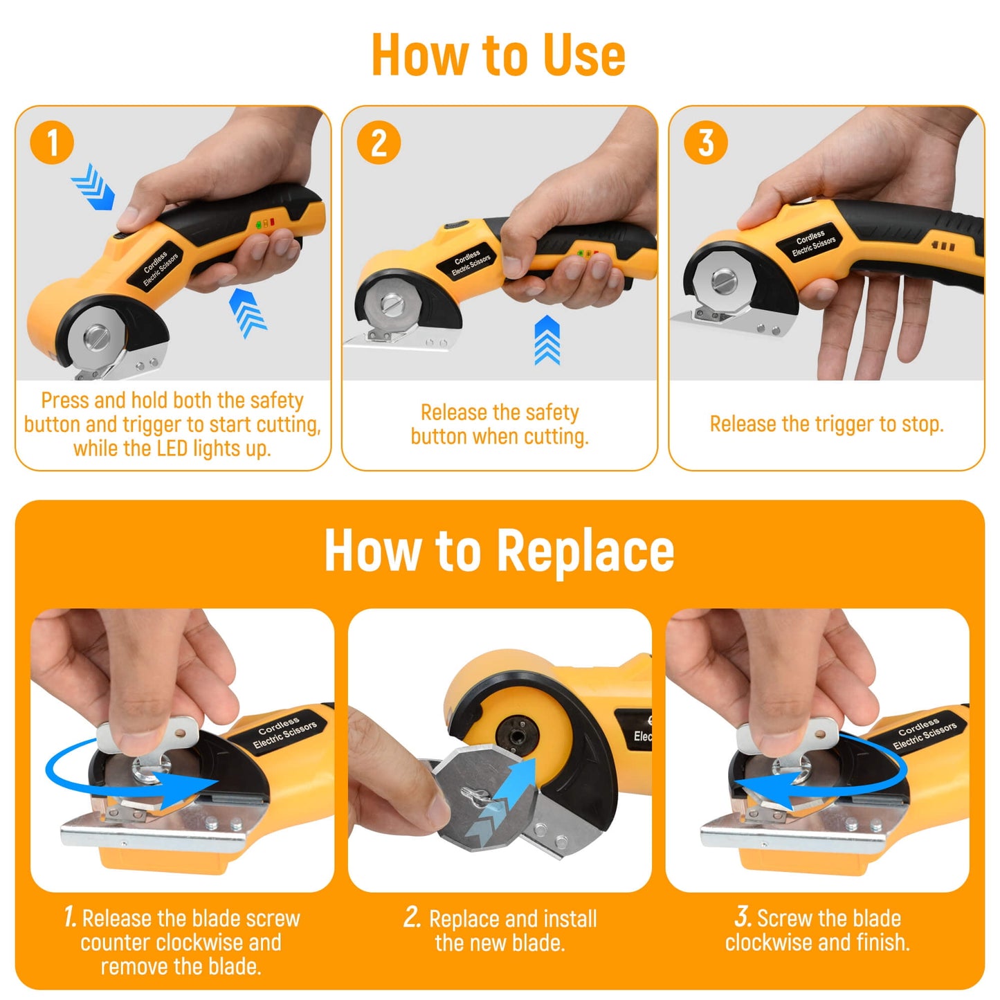 Tidymend Cordless Electric Scissors, 4V Rechargeable Cardboard Cutter with LED Light ＆ Replacement Blade, Rotary Cutter with Safety Lock for Fabric Carpet Leather Plastic Cutting (Yellow)