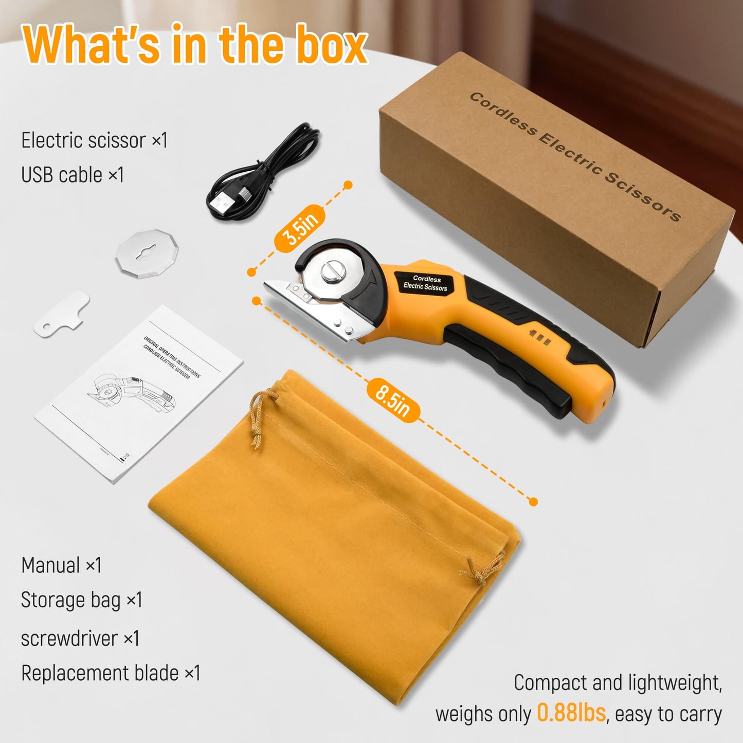 Tidymend Cordless Electric Scissors, 4V Rechargeable Cardboard Cutter with LED Light ＆ Replacement Blade, Rotary Cutter with Safety Lock for Fabric Carpet Leather Plastic Cutting (Yellow)