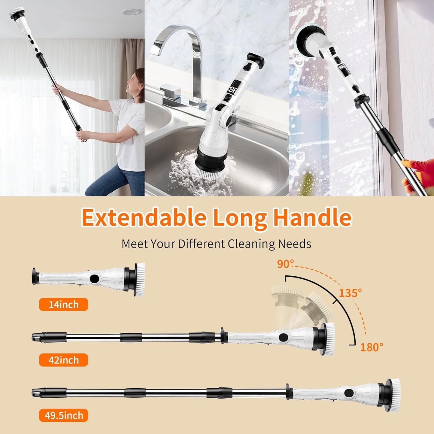 Electric Spin Scrubber, Adjustable Angle ＆ Extension Handle, 3 Speed Mode Power Electric Scrubber for Cleaning, Cordless Shower Cleaning Brush with 8 Brush Heads for Bathroom/Tub/Floor/Tile