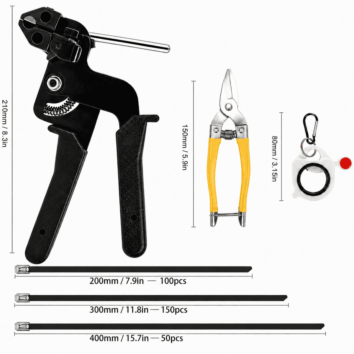 Cable Tie Gun Kit with 300pcs Stainless Steel Zip Ties, 3 Sizes (8", 12", 16"), Heavy-Duty Tensioning & Cutting Tool for Chain Link Fence, Exhaust Wrap