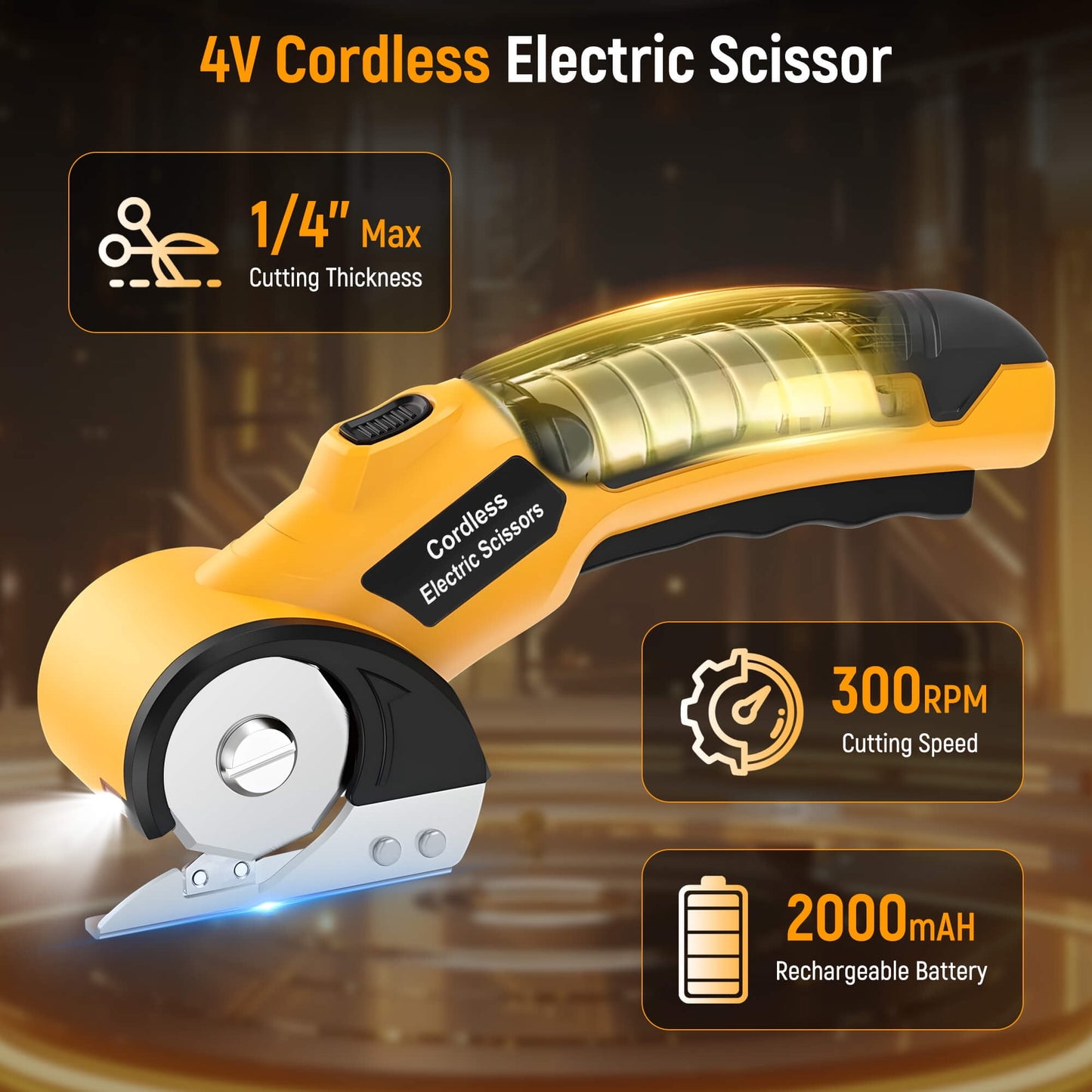 Tidymend Cordless Electric Scissors, 4V Rechargeable Cardboard Cutter with LED Light ＆ Replacement Blade, Rotary Cutter with Safety Lock for Fabric Carpet Leather Plastic Cutting (Yellow)