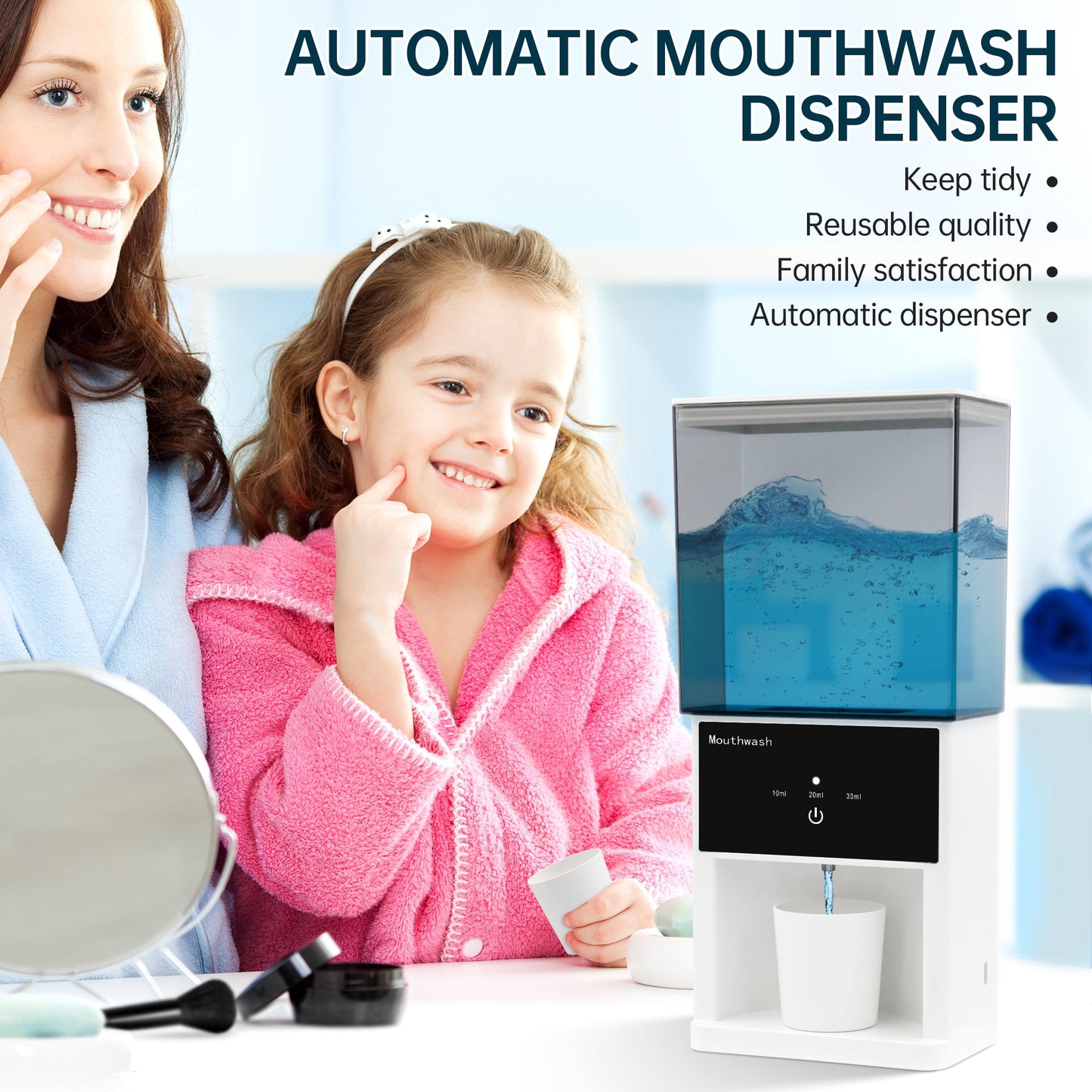 Sentryse 20oz Automatic Mouthwash Dispenser, 3 Dispensing Levels, Electric Mouth Wash Dispensers for Bathroom, Smart Mouthwash Dispenser with 2 Magnetic Cups, Wall-Mounted＆Countertop