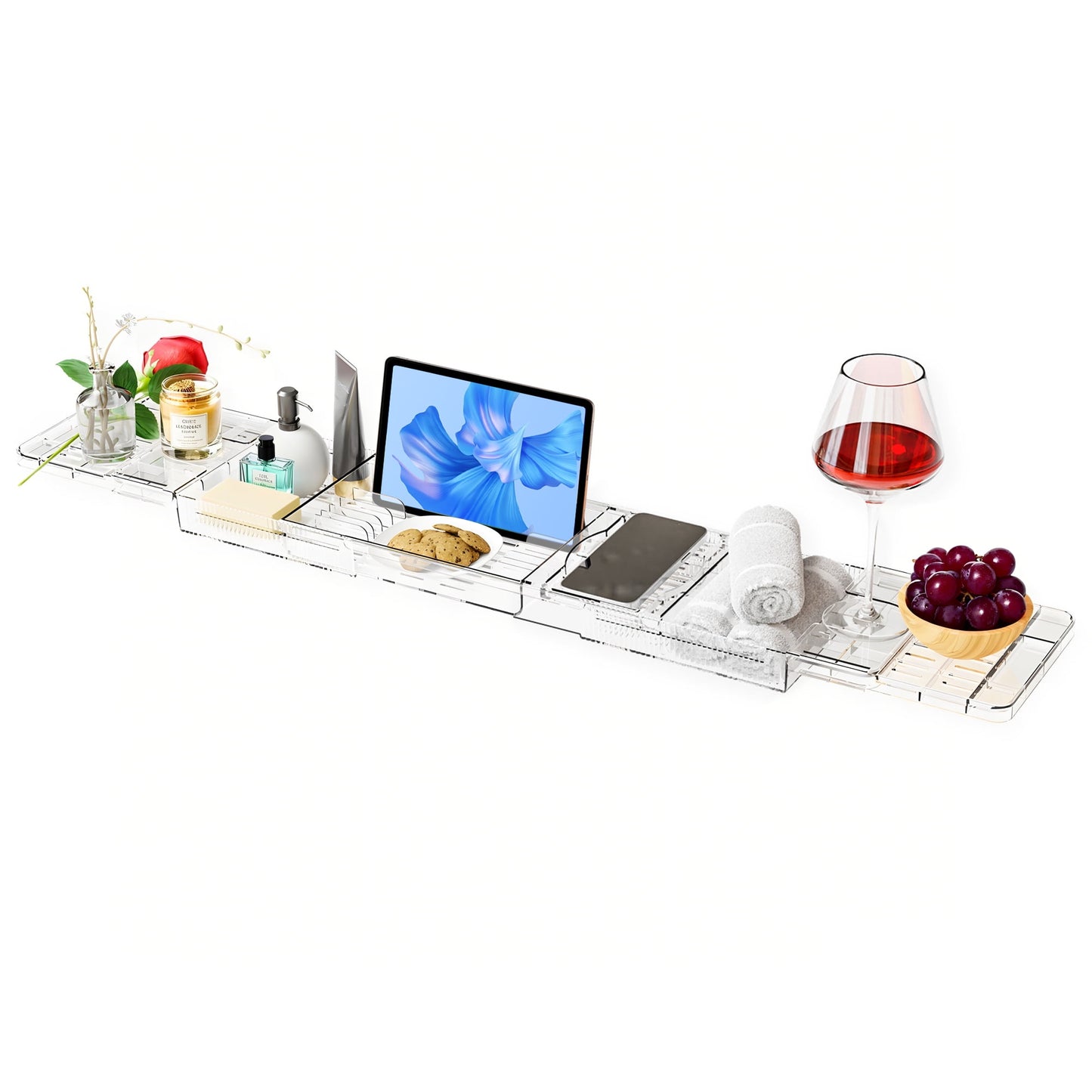 Bathtub Caddy Tray, Adjustable Bath Tray for Tub, Clear Tub Caddy Tray with Tablet PC Holder ＆ Wine Glass Holder, Tub Caddy for Bathroom Luxury Spa, Fits Most Tubs