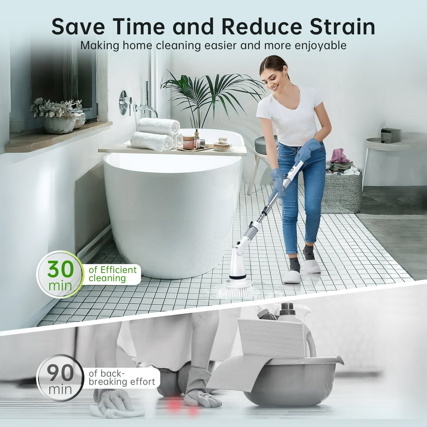 Electric Spin Scrubber, Full Body IPX7 Waterproof Cordless Shower Scrubber with Extension Handle＆Adjustable Angle,High Speed Power Scrubber with 4 Brush Heads for Bathroom, Tile, Tub, Glass & Sink