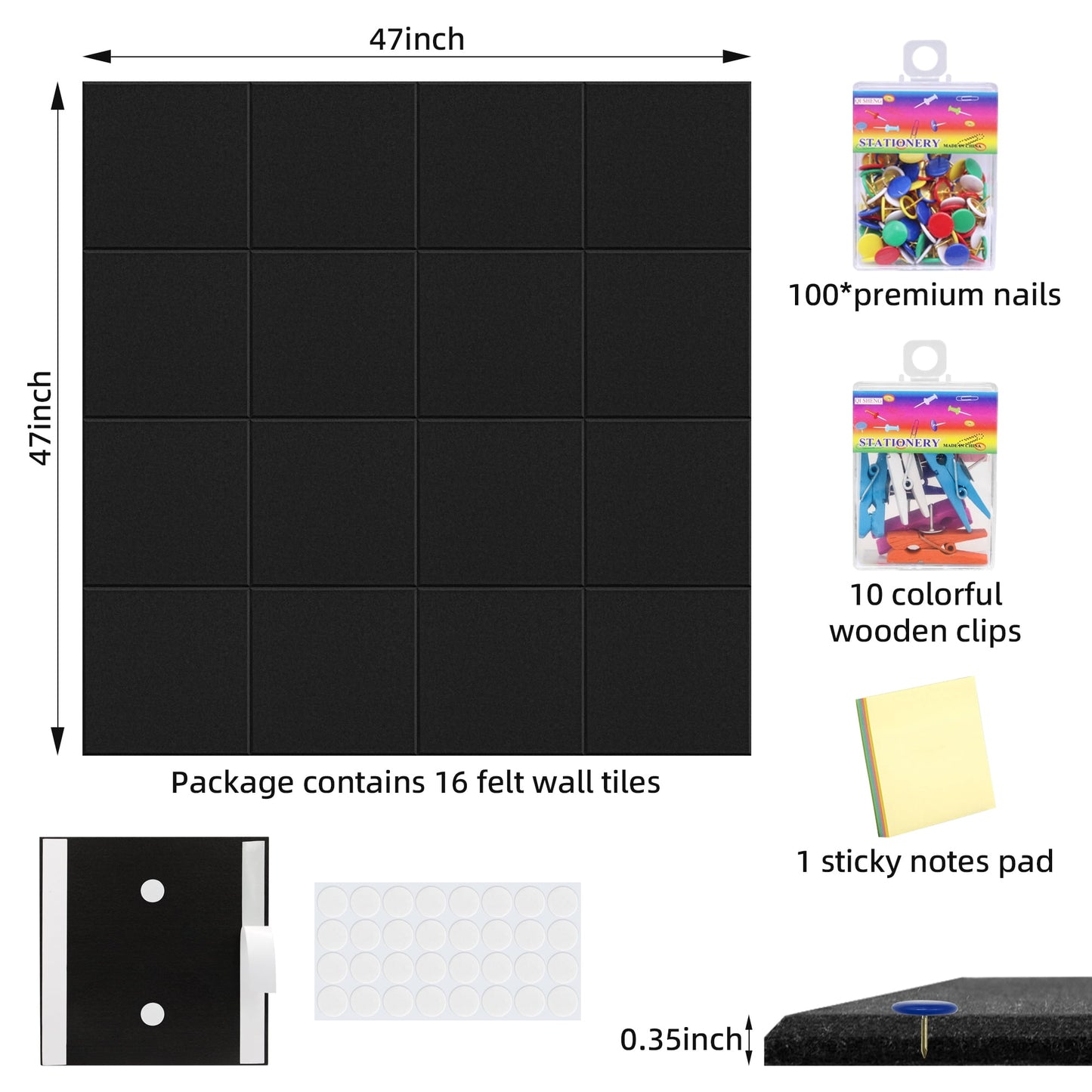Fixdono Felt Tile Bulletin Board, 16 Pack Felt Wall Tiles with 100 Push Pins,10 Push Pin Clips, Sticky Notes, Large Alternative Cork Board for Walls Home Office, 47 X 47 inches
